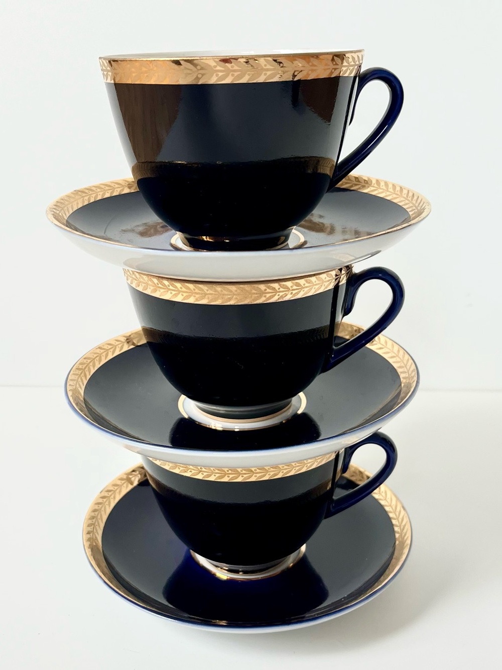 3 Lomonosov Imperial Porcelain
Cobalt Blue and Gold  Cups and Saucers